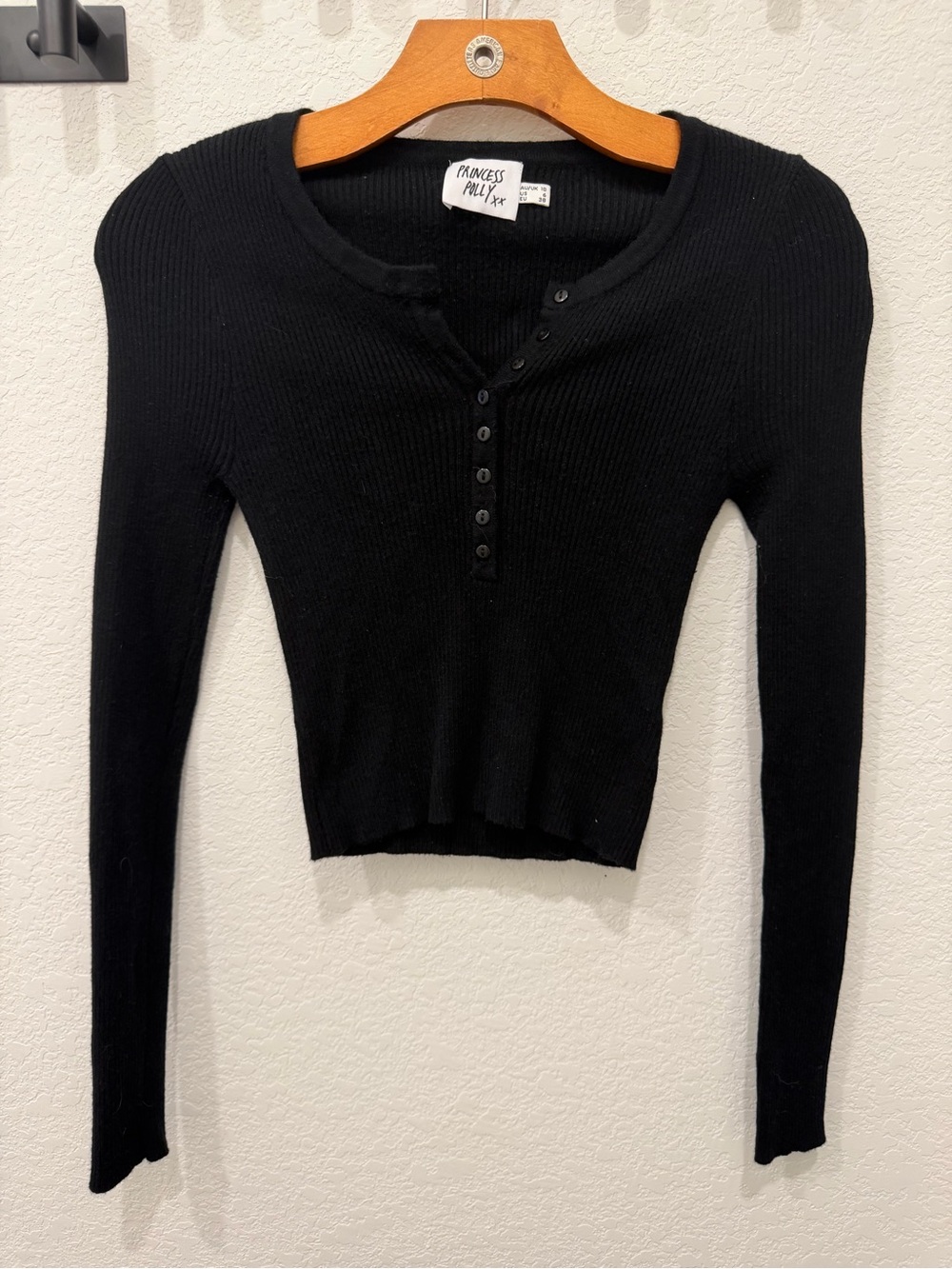 Princess Polly Black Ribbed Button-Up Crop Henley Top